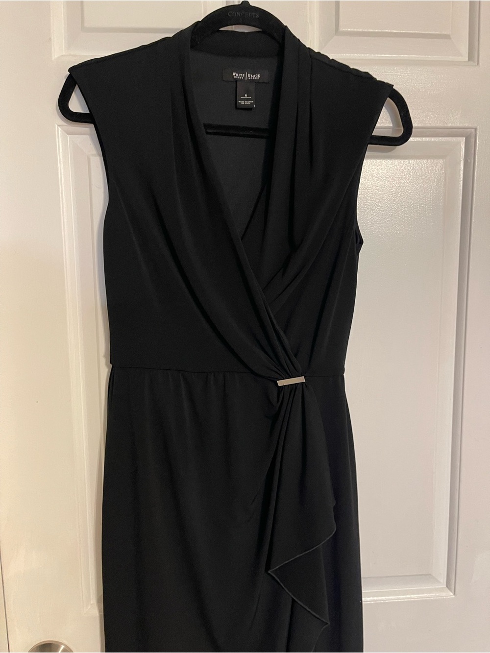 White House Black Market Black Sleeveless Faux-Wrap Midi Dress with Accent